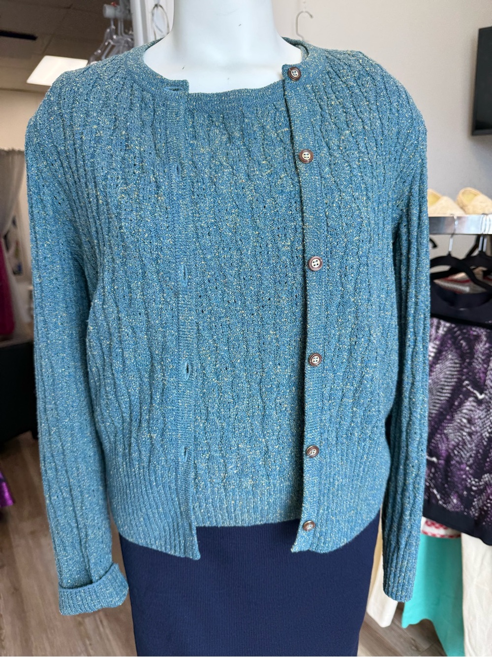 Women's Teal Metallic Cable Knit Cardigan Sweater & shell sweater